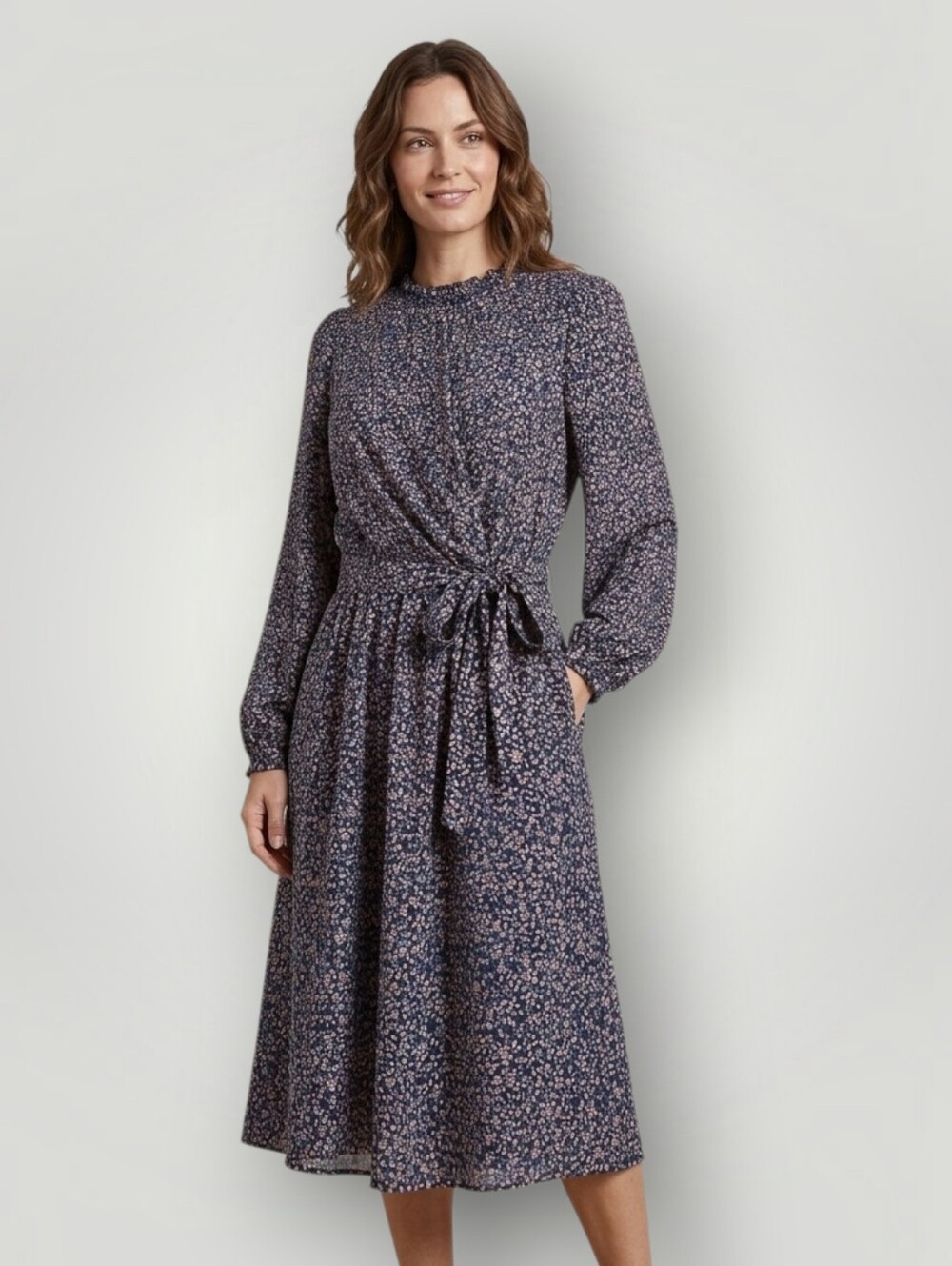 Banana Republic Women's 6 Navy Ditsy Floral Faux Wrap Dress Long Sleeve